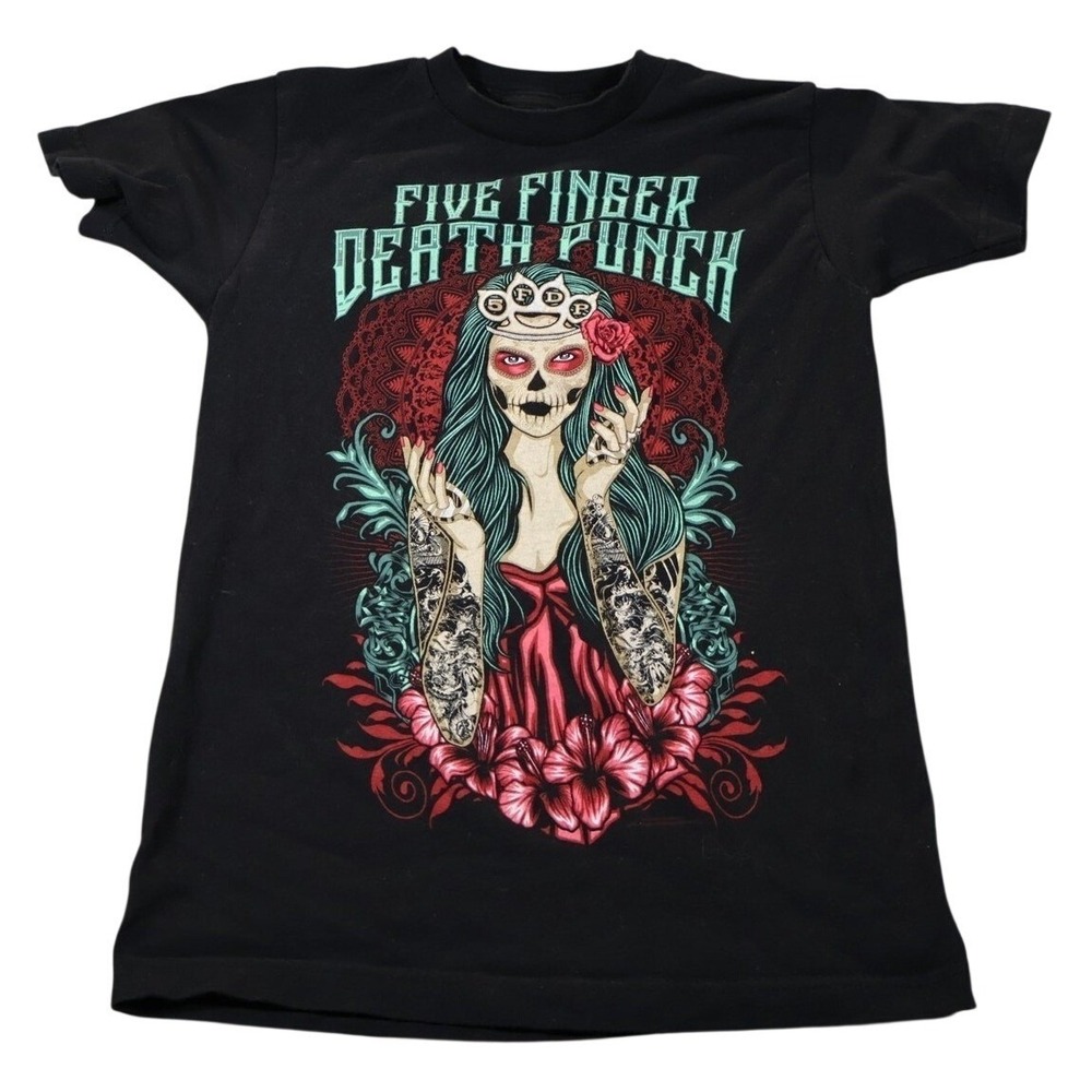 Five Finger Death Punch Shirt Mens Small Black Tattoo Skull Band Rock Tee Punk